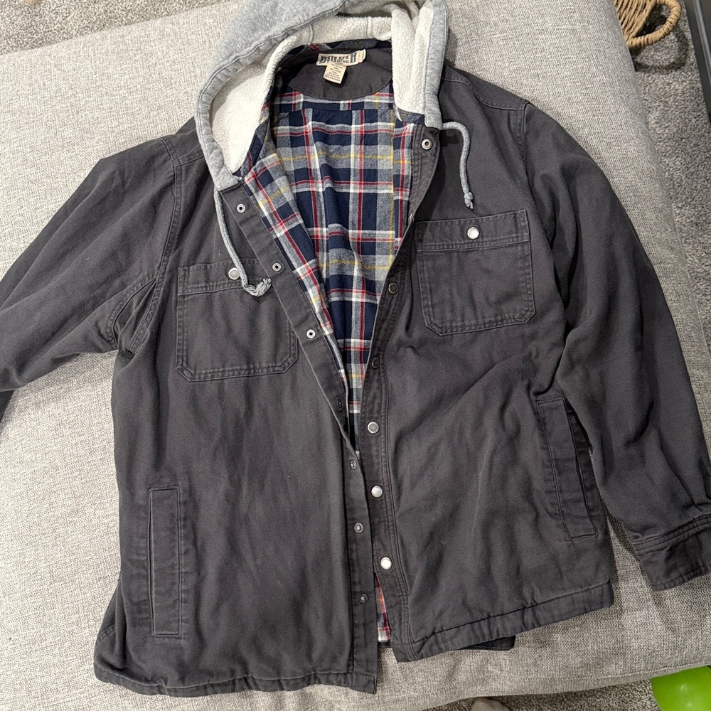 Duluth Trading Fire House Gray/Black Hooded Jacket with Plaid Lining